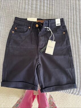 Judy Blue Navy High-Rise Rolled Hem Denim Bermuda Shorts